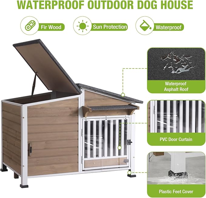 Dog House Outdoor for Large Breed with Anti-Chewing Iron Frame, Weatherproof Puppy Kennel with 360° Rotating Bowls, Dog Crate for Small & Medium Dogs Outside (Light Brown)