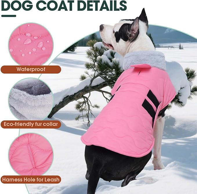 Kuoser Dog Jackets for Small Dogs, Warm Dog Coat with Leash Hole, Winter Jacket Pet Clothes for Cold Weather, Waterproof Doggie Winter Vest for Pug Dachshund, Pink S