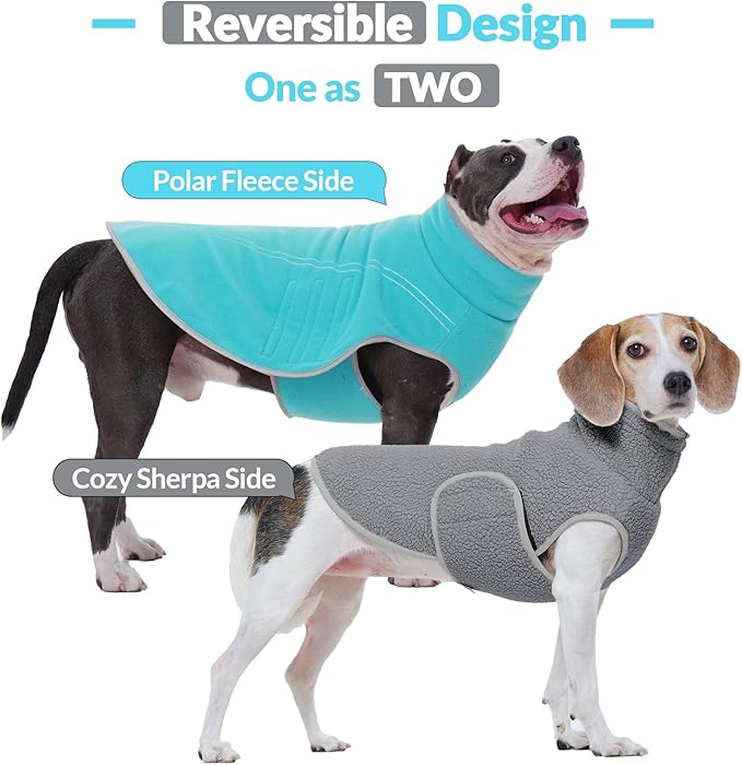 ROZKITCH Reversible Dog Sherpa Jacket Super Warm Fleece Sherpa Sweater with Embroidery, Adjustable Double-Sided Plush Sweatshirt for Small Breeds Bluegreen M