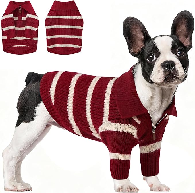 Small Dog Sweater with Zipper, Knitted Striped Pullover Dog Clothes for Cold Weather, Thick Warm Cozy Stretchy Sweater for Chihuahua, Bulldog, Dachshund, Pug(Red & White Strip, XXL)