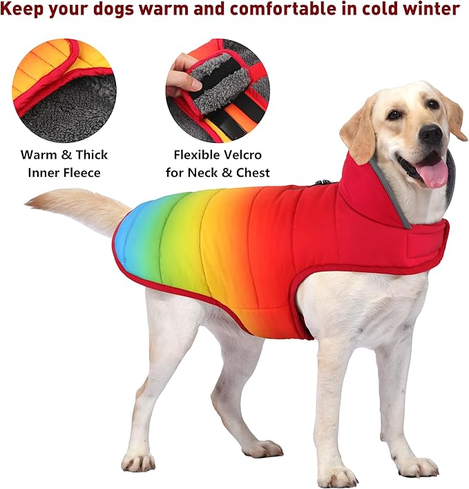 Dog Winter Coat, Waterproof Dog Jacket with Leash Hole, Reflective Adjustable Pet Snow Vest, Warm Fleece Sweater for Small Medium Large Dogs - Rainbow, XL