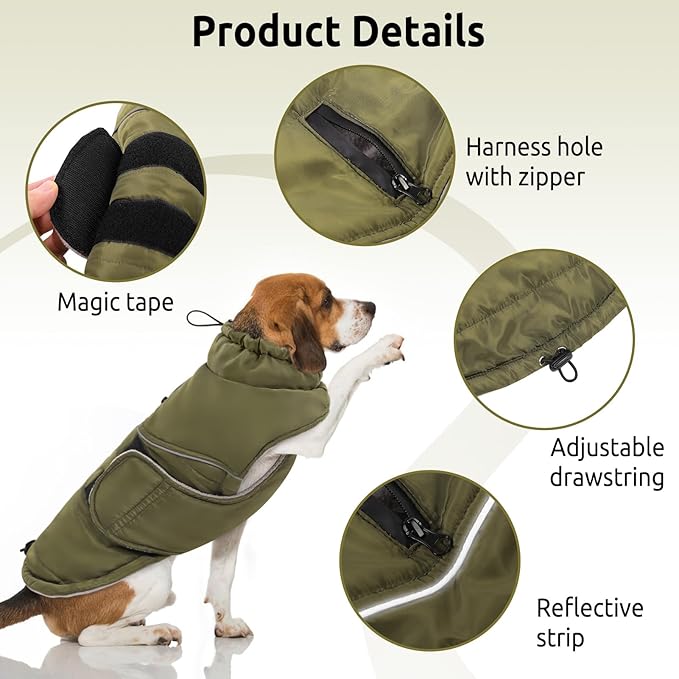 Peferhouse Warm Winter Coats for Large Dogs - Male, Cold Weather Coat with Windproof Reflective Jacket, Thick Dog Vest Jacket in ArmyGreen, 3XL