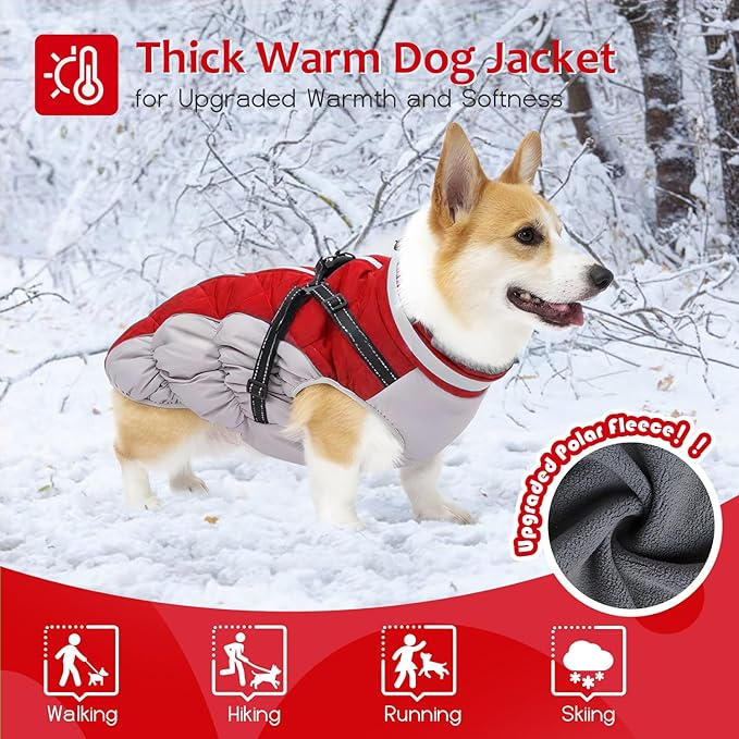 Dog Winter Coat with Harness, Dog Jacket, Pet Clothes with Zipper on Back, Waterproof Windproof Warm Vest, Reflective Cold Weather Coats, for Small Medium Large Dogs, Thick, Red, 2XL