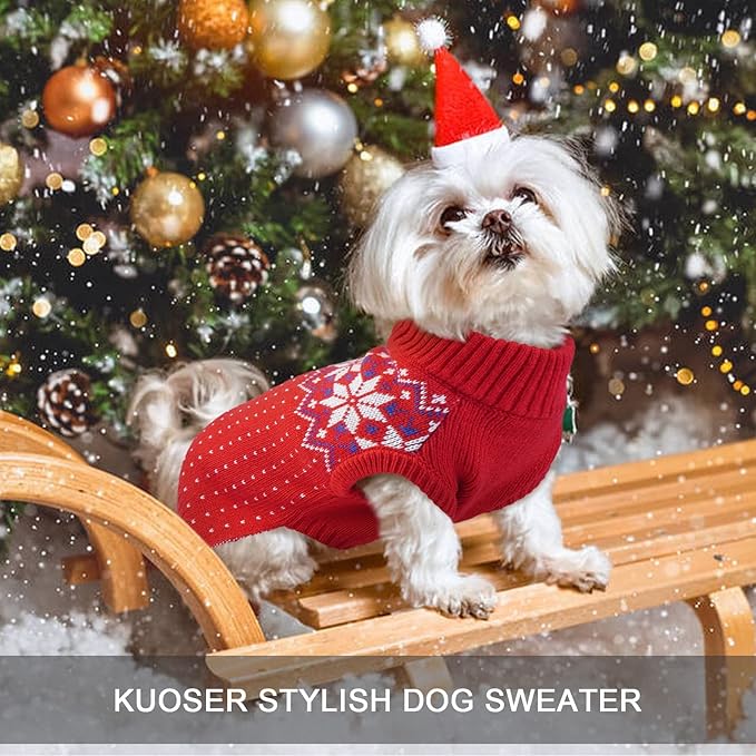 Kuoser Dog Sweater, Holiday Christmas Snowflake Pet Warm Knitwear Dog Sweaters Soft Puppy Clothing, Doggie Turtleneck Cold Weather Outfit Pullover for Small Medium Large Dogs Cats, Red 2XL