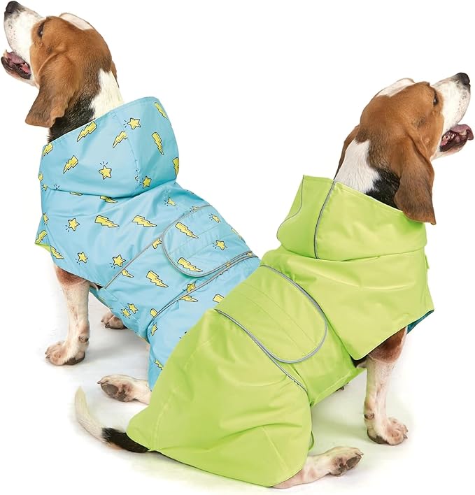 Dog Raincoat Reversible, Single Side Slicker Poncho Adjustable Waterproof Dog Rain Jacket with Leash Hole/Reflective Stripe Hooded Snowproof Windproof Clothes for Medium to 2X-Large Dogs, 2XL
