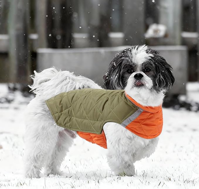 Quilted Dog Winter Coat, Plaid Lined Reversible Vest, Reflective Safety Strip, Cold Weather Pet Apparel Army Green M