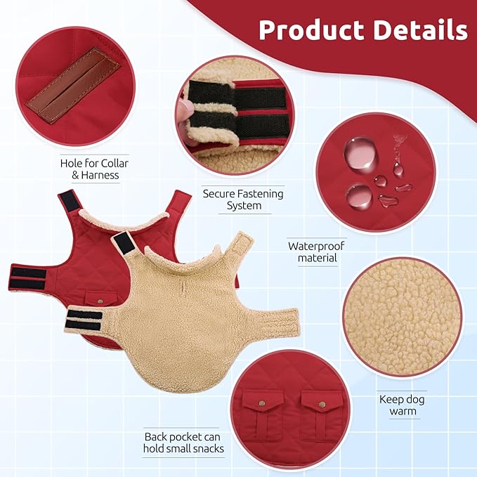 ASENKU Warm Dog Winter Coat, Waterproof Dog Coat for Cold Weather, Fleece Dogs Jacket with Ultra Thick Plush Lining Leash Hole Storage Pockets for Medium Dogs (Red, Medium)