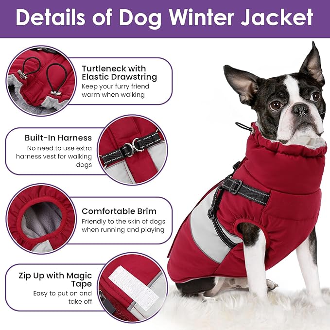 SUNFURA Dog Jacket, Large Dog Coat with Harness Built in, Warm Pet Winter Jacket Zippered Snow Coat with Furry Collar, Waterproof Fleece Snowsuit for French Bulldog, Burgundy L