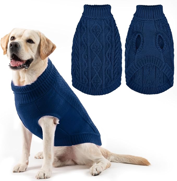 PUPTECK Dog Sweater, Turtleneck Warm Knitted Pullover Coat, Thick Cable Knitwear Clothes in Winter, Pet Apparel Outfits for Large Dogs, for Cold Weather Indoor & Outdoor, Deep Blue L