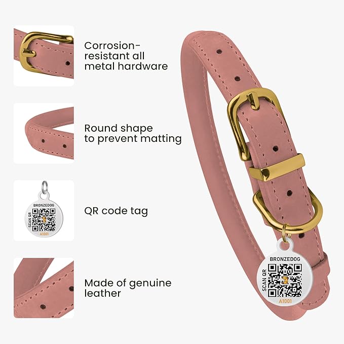 BronzeDog Rolled Leather Dog Collar with QR ID Tag, Adjustable Soft Round Collars for Small Medium Large Dogs Puppy (7" - 10" Neck Size, Blush)