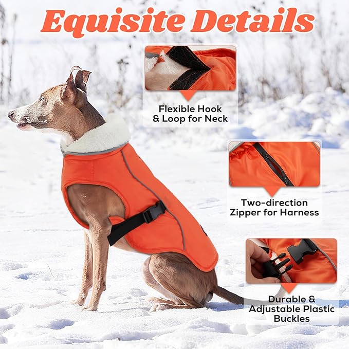 EMUST Dog Cold Weather Coats, Fleece Lining Small/Medium/Large Dog Jacket for Winter, Warm Waterproof Pet Winter Clothes for Large Dogs, Orange, XL