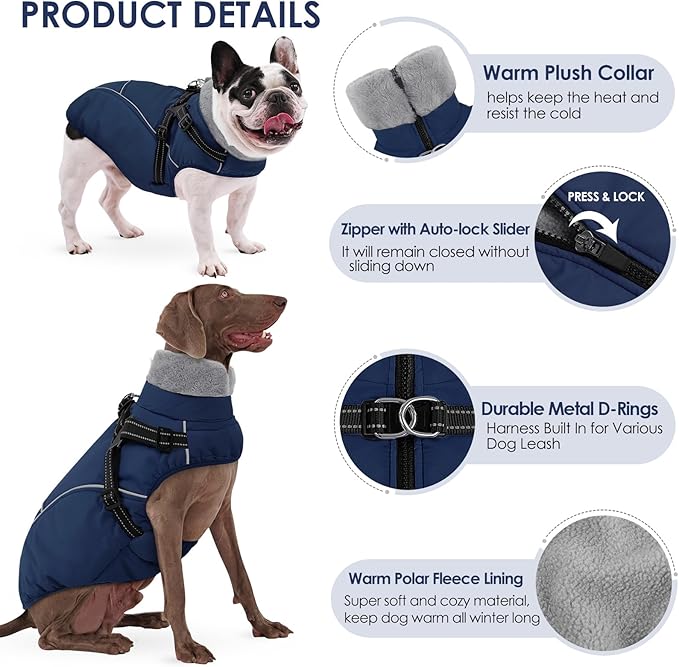 AOFITEE Dog Coat for Large Dogs, Waterproof Dog Jacket with Harness Built in, Warm Fleece Pet Puffer Jacket with Zipper, Cold Weather Coats for Dogs Outdoor, Reflective Pet Snowsuit, Blue XL