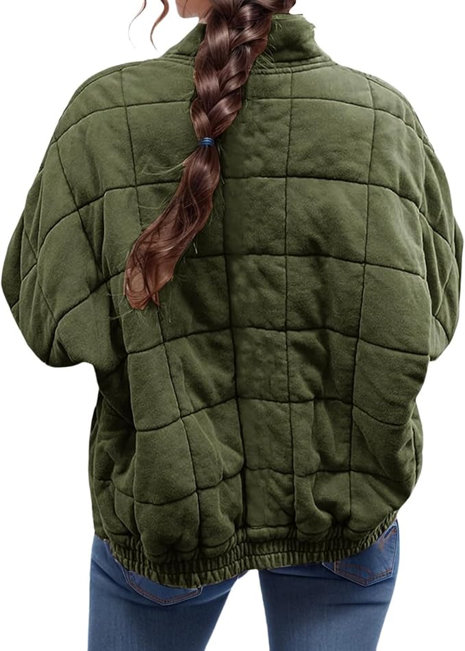 LIZALIG Warm Padded Coat for Women Full Zip Quilted Jackets Winter Oversized Causal Solid Color Stand Collar Pockets Coat