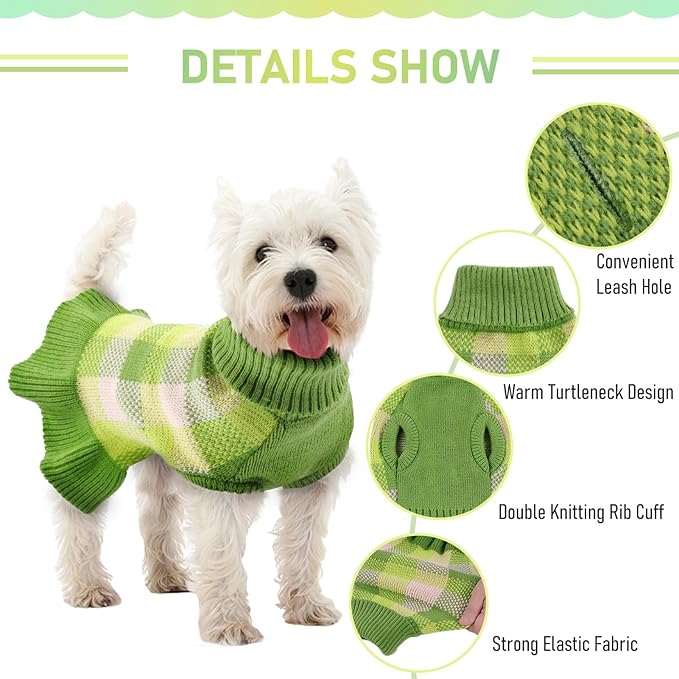 Dog Sweater Dress Plaid Knitwear for Small Medium Dogs Warm Puppy Pet Turtleneck Stretch Pullover Cute Fall Winter Vest Clothes with Leash Hole for Christmas (Green, XS)