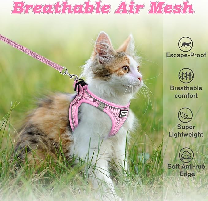 Cat Harness and Leash for Walking Escape Proof, Adjustable Kitten Vest Harness Reflective Soft Mesh Puppy Harness for Outdoor, Comfort Fit, Easy to Control (NPink, XXS)