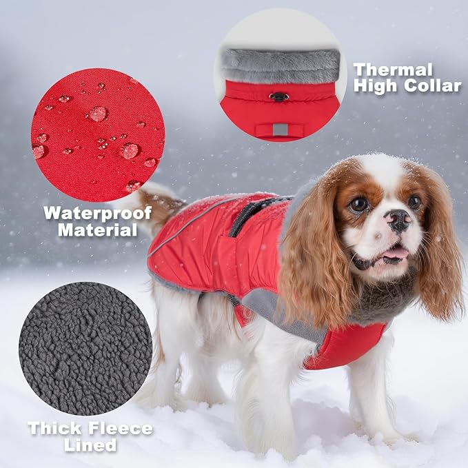 KYEESE Waterproof Dog Coat, Warm Windproof Jacket, Turtleneck Winter Dog Coats for Small Dogs with Leash Hole, Reflective Pet Clothes & Outdoor Apparel, Thick Fleece-Lined Winter Jacket, Red, Large