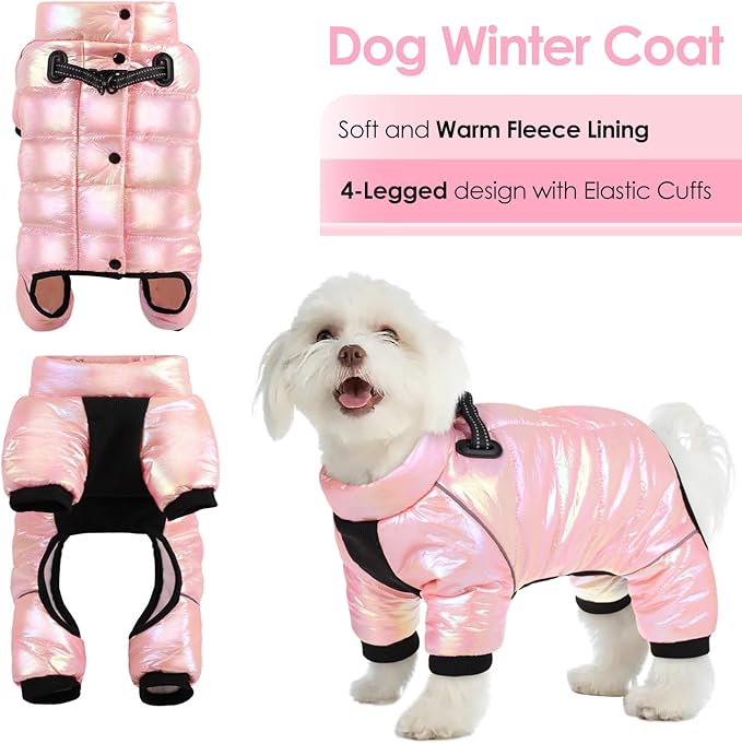 AOFITEE Dog Coat, Waterproof Dog Winter Jacket, Warm Fullbody Dogs Snowsuit, Winter Coat for Small Dogs, Zip Up Pet Puffer Jacket Fleece Vest, Outdoor Reflective Cold Weather Pet Coats, Pink L