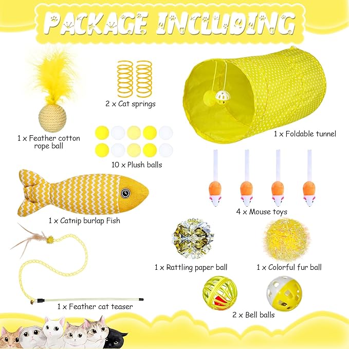 24 Pcs Cat Toys Set Interactive Kitten Toys Pack Including Collapsible Play Tunnel Feather Teaser Wand Fuzzy Ball Springs Pillow Mouse Bells for Indoor Cats Puppy (Yellow,Cute)