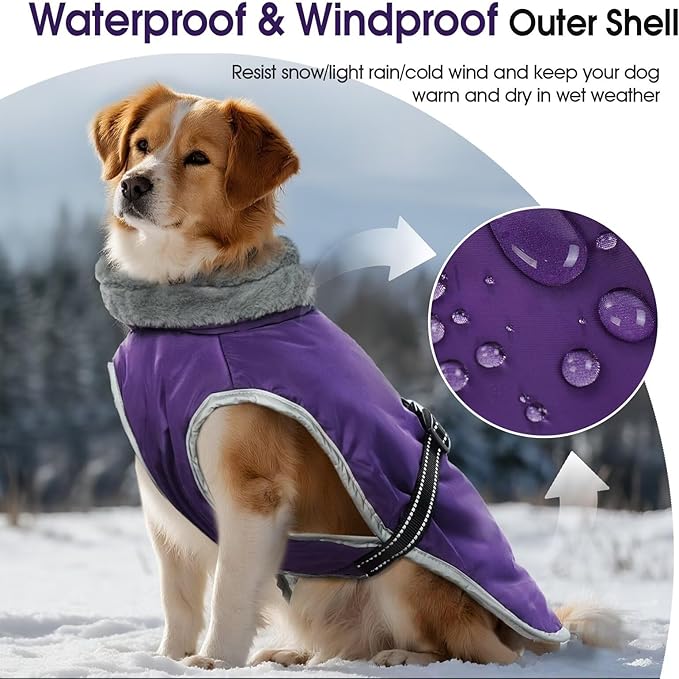 Warm Waterproof Dog Coat,Size M Dogs Jacket Pet Winter Coat for Cold Weather with Thicken Furry Collar,Reflective Puppy Winter Jacket Warm Fleece Lining for Medium Dogs,Purple,M