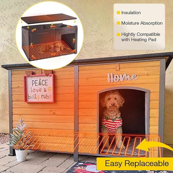 Aivituvin Heated Dog House Outdoor Extra Large 59" Dog Kennel with Insulation Liner Strong Iron Frame Construction Pet Cage with Insulted Liner Keep Warm in Winter Weatherproof Design, Heater Include