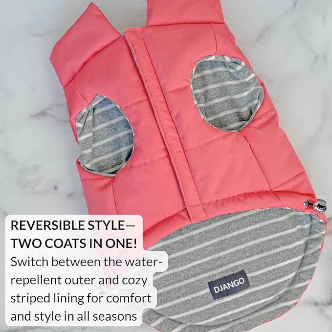 DJANGO Puffer Dog Coat – Warm Winter Dog Jacket & Water-Repellent Insulated Puffer Vest with Striped Lining, Harness Hole, Adjustable Fit for Small & Medium Dogs, Dachshunds – Rose Petal Pink, Large