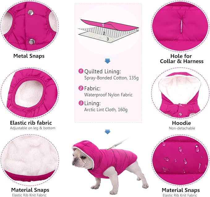 Fleece Hoodie for Dogs - Windproof Waterproof Coat, Winter Warm Jacket, Cold Weather Pet Apparel Clothes Vest for Small Medium Large Dogs (L, Pink)