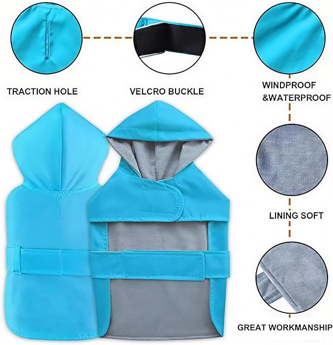 Dog Raincoat Dog Rain Jacket Poncho Waterproof Pet Rain Suit Double Layer Breathable Lining Hooded Leash Hole Adjustable Puppy Small Medium Dogs,Blue,XXL