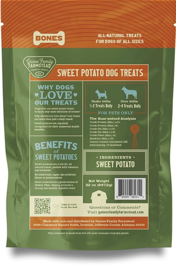 Gaines Family Farmstead Sweet Potato Dog Bones 4 Pack – 32 oz Bags, All-Natural, Single Ingredient, Grain-Free Dog Treats for Digestive Health, Training & Rewards – High-Fiber, Made in USA