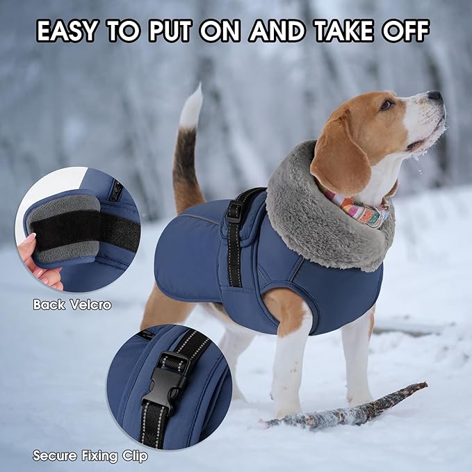 PETDSH Dog Coat Large, Windproof Dog Jacket with Warm Fleece Lining, Thickened Collar Dogs Winter Coat, Adjustable Reflective Pet Coats for Cold Weather (Navy Blue, XXX-Large)