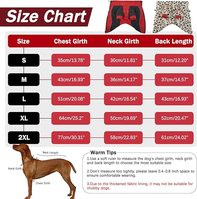 IDOMIK Reversible Dog Winter Coat, Thick Warm Dog Coat with Leopard Fleece Lining&Zipper, Adjustable High Collar Waterproof Jacket, Reflective Pet Cold Weather Coats for Large Dogs,Red,XL