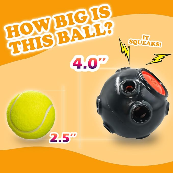 Squeaker Dog Toy Ball, 2-Layer Durable Chew Ball with Natural Rubber Shell & Hard ABS Core, Non-Bouncing for Fetch, Training and Aggressive Chewers, Unique Frog Croak Sound - 4 Inch