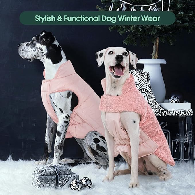 Kuoser Reversible Dog Coat – Warm Fleece & Quilted Waterproof Dog Jacket, Double-Sided Cold Weather Dogs Winter Coat with Harness Hole, Windproof Pet Snow Vest for Small Medium Large Dogs, Pink 3XL