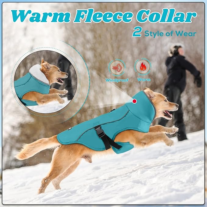 EMUST Dog Cold Weather Coats, Fleece Lining Small/Medium/Large Dog Jacket for Winter, Warm Waterproof Pet Winter Clothes for Large Dogs, Turquoise, XL