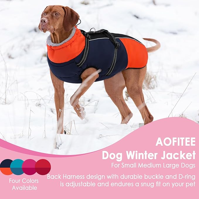 AOFITEE Dog Coat for Large Dogs, XXXL Dog Winter Jacket with Harness Built in, Turtleneck Cold Weather Coat for Extra Large Dogs, Reflective Pet Fleece Jacket with Zipper for Great Dane, Blue 3XL