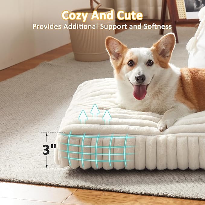 Dog Bed Medium Size Dog, Flat Pet Beds with Removable Washable Cover, Pet Mat Cute Crate Bed Thick Shredded Chopped Crate Foam & Anti Slip Bottom for Indoor, 29"x21"x3" Cream