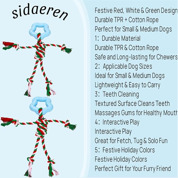Christmas Puppy Teething Toy for Small & Medium Dogs (20–65lbs), TPR + Cotton Rope Chew Toy for Aggressive Chewers, Indoor & Outdoor Teeth Cleaning Toy for 2–12 Month Dog