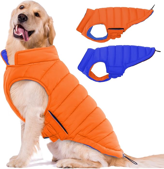 Lelepet Reversible Dog Coat Waterproof Dog Jacket Windproof Puffer Vest for Winter Warm Lightweight Coats for Medium Dogs Adjustbale Hook & Loop Pet Apparel with Leash Hole, French Bulldog, Orange, L