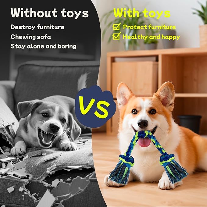 Rocfish [3 Pack Dog Rope Toys, Dog Chew Toy for Medium and Small Dogs, Nearly Indestructible Tug of War Toys, 100% Cotton, Teeth Cleaning Chew Rope, Puppy Toys for Boredom