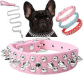 Spiked Dog Collar Soft Pu Leather Mushrooms Rivet Spike Studded Puppy Adjustable Pet Collars for Small Breeds (S, Pink Set)
