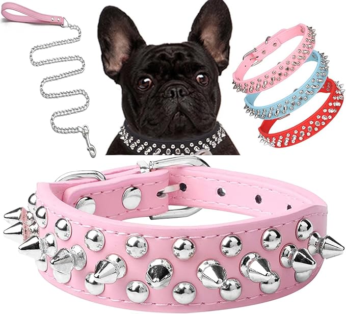 Spiked Dog Collar Soft Pu Leather Mushrooms Rivet Spike Studded Puppy Adjustable Pet Collars for Small Breeds (S, Pink Set)