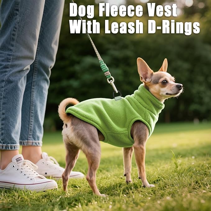 Idepet Dog Fleece Vest Sweater Zip Up Warm Pullover Dogs Jacket with D-Ring Leash Winter Cold Weater Coat Pet Sweatershirt Clothes Hoodie for Small Medium Dogs Boy Girl(Green,XS)