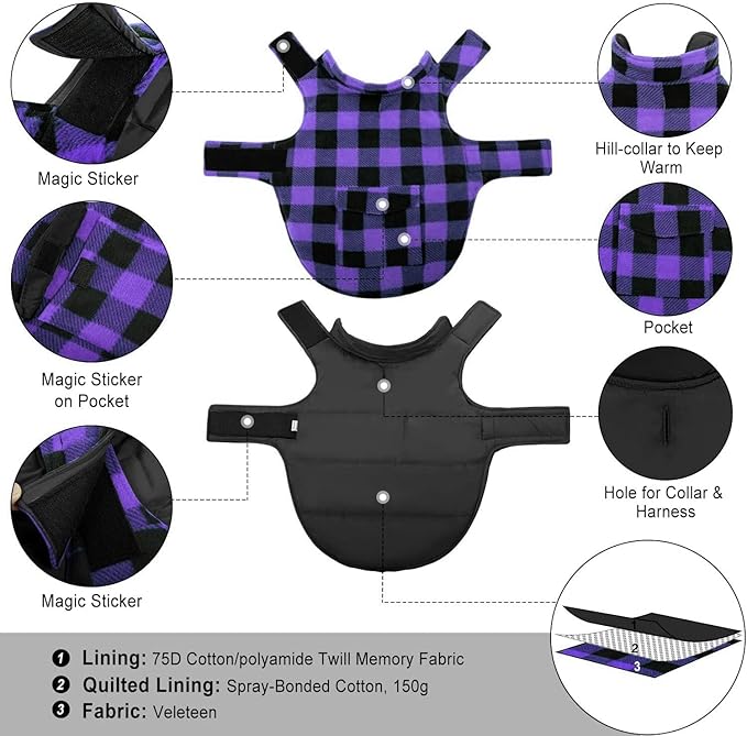 ASENKU Dog Jacket Plaid Reversible Reversible Dog Vest Waterproof Cold Winter Clothes Pet Apparel for Small Medium Large Dogs (2XL, Purple)