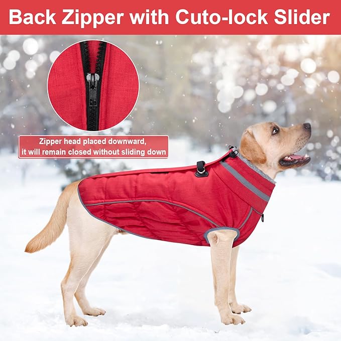 Malier Dog Coat, Reflective Dog Jacket Waterproof Windproof Puppy Cold Weather Coats with Harness Built in, Winter Extra Warm Pet Coat Fleece Vest for Small Large Pets and Puppy (Red, XX-Large)