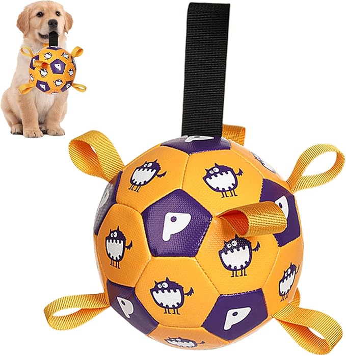 Dog Toys Soccer Ball, Soccer Ball with Straps, Interactive Dog Toys for Tug of War, Dog Water Toy, Durable Dogs Balls for Small Medium & Large Dogs
