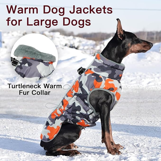 Dog Coat for Large Dogs, Dog Winter Jacket-X Large Warm Dog Coat with Harness Reflective Dog Vest Water-Resistant Dog Snowsuit Dog Snow Jacket for Large Dogs Beagle, Corgi, Orange-Camouflage