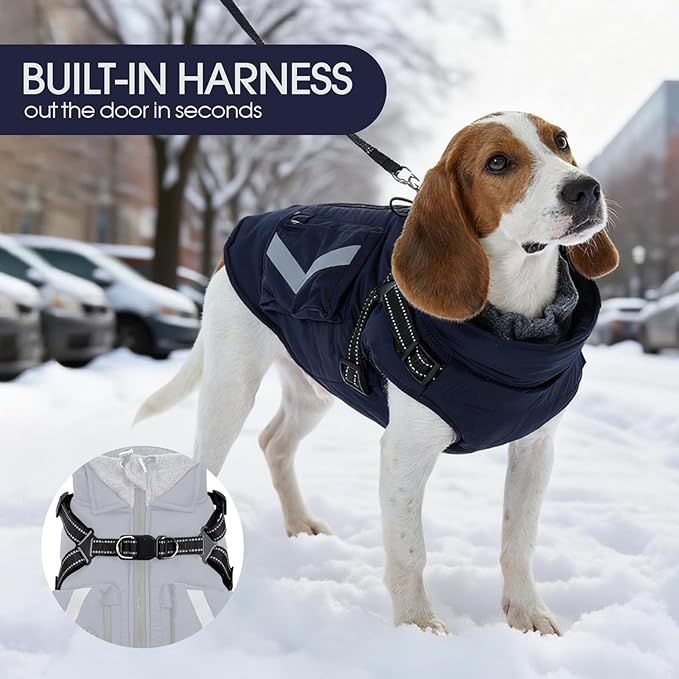 FUAMEY Dog Winter Coat Reflective Strips, Cozy Dogs Jacket with Harness Back Zipper, Fleece Lined Puppy Vest Thermal Clothes, Dog Cover for Cold Weather Snow Outfits, French Bulldogs (Dark Blue, M)