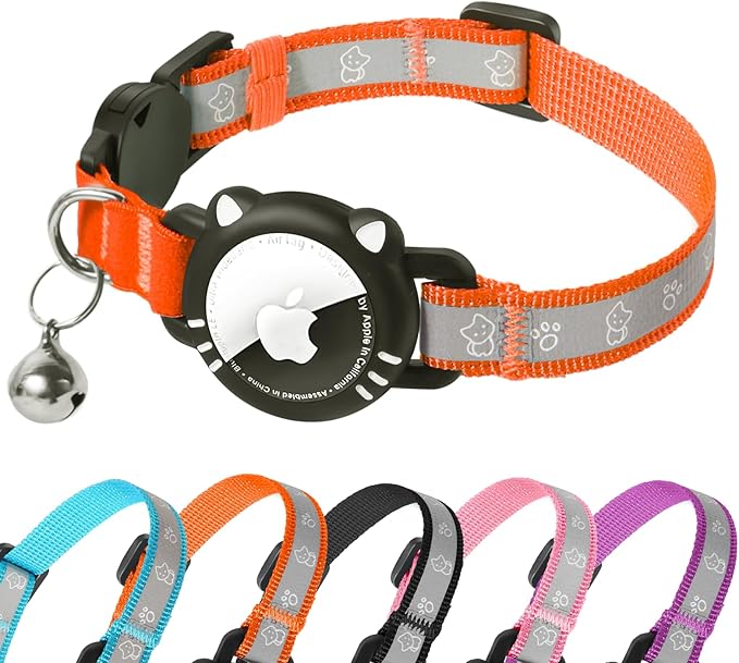 Airtag Cat Collar, Reflective Cat Collar with Apple Air Tag Holder, Breakaway GPS Tracker Pet Collar with Bell for Cat Kitten, Airtag Not Included, Orange, XS(7-9 Inch)