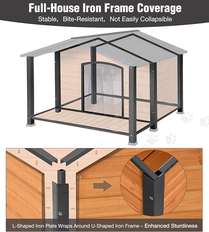 Extra Large Insulated Dog House Outdoor, Weatherproof Wooden Dog House with Porch for Winter with 6 Sides All-Round Foam with Strong Metal Chew Proof Frame