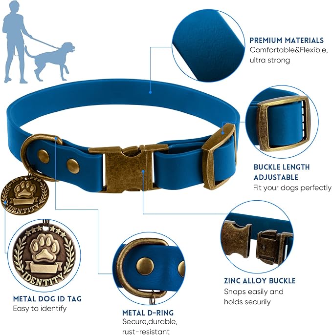 Wisedog Dog Collar and Leash Set, Waterproof Adjustable Puppy Collars with Cute Tag 6FT Dog Leash with Poop Bag for Small Medium Large Dogs (M, Blue)