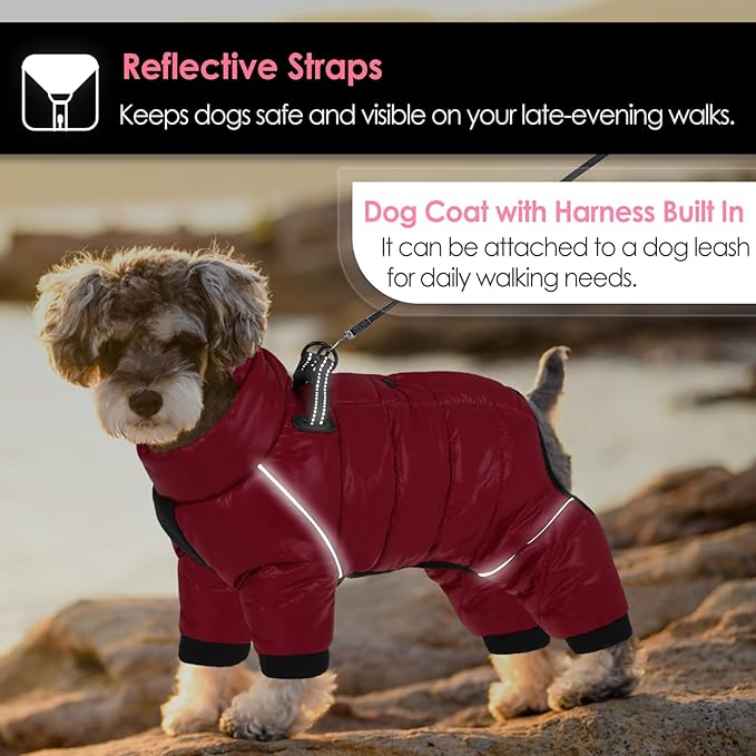 AOFITEE Dog Coat, Waterproof Dogs Jacket for Winter, Warm Fullbody Small Dog Snowsuit, Winter Coat for Small Dogs, Zip Up Pet Puffer Jacket Fleece Vest, Reflective Pet Snow Jackets, Christmas Red